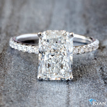 Load image into Gallery viewer, 3.55ctw Radiant Lab Solitaire Pave Shoulders with Hidden Outer Halo
