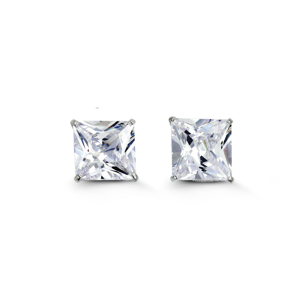 8mm Princess Cut Cubic Zirconia Stud Earrings in White Gold