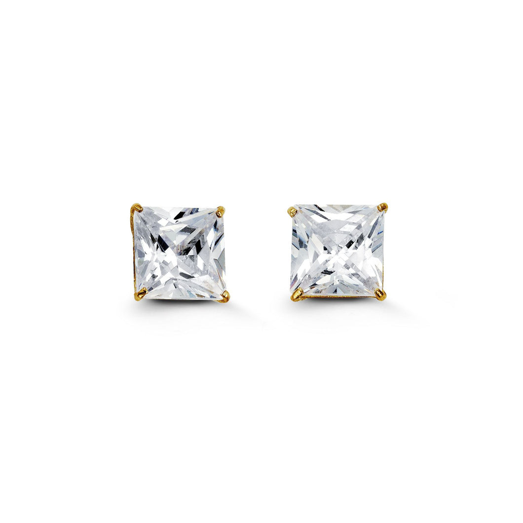 7mm Princess Cut Cubic Zirconia Stud Earrings in Yellow Gold