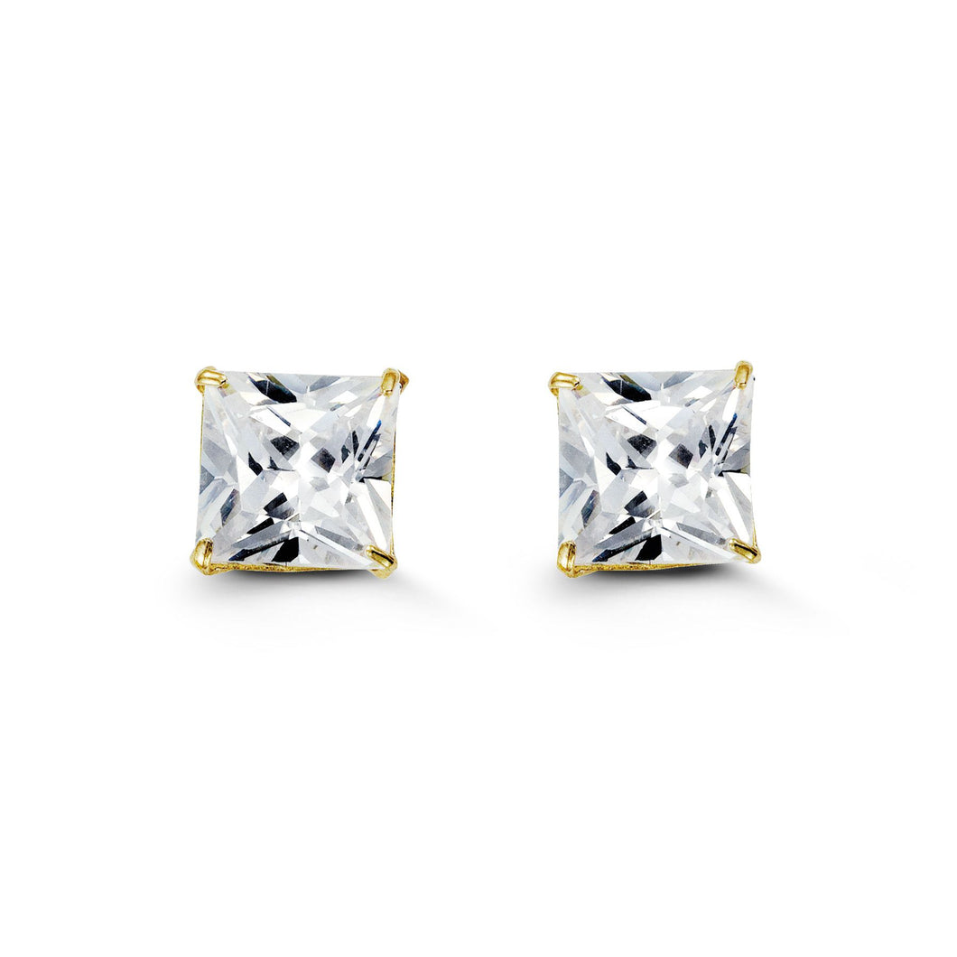 8mm Princess Cut Cubic Zirconia Stud Earrings in Yellow Gold