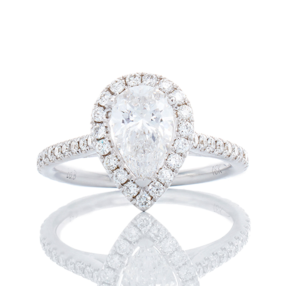 1.49CTW Pear Cut Lab Solitaire with Halo and Pave upswept Shoulders