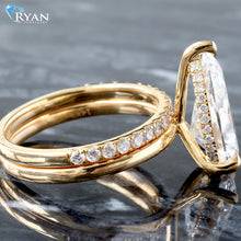 Load image into Gallery viewer, 3.81ctw Pear Solitaire with Hidden Halo Three Prongs And High Polished Shoulders and Pave Diamond Band Bridal Set
