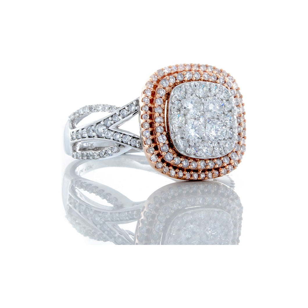 RING GR 10K 1.00CTW IMPERIAL SQUARE CENTER WITH CUSHION SHAPE HALO CRISS CROSS SHOULDER BRIDAL SET