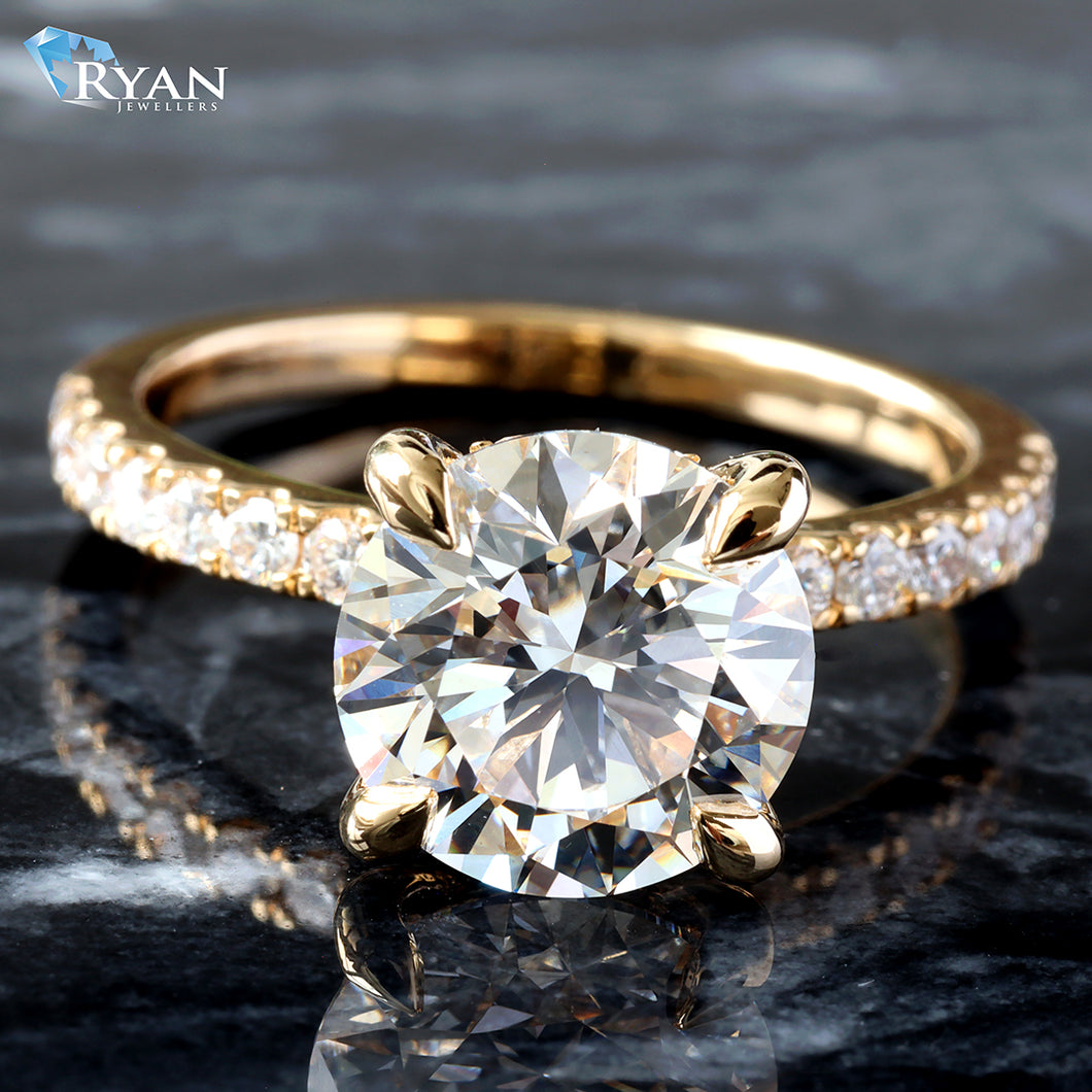 3.44ctw Round Solitaire Pave Shoulders and Hidden Halo Ring