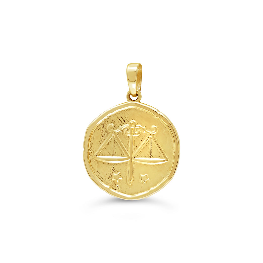 Libra Round Yellow Gold Zodiac Pendant