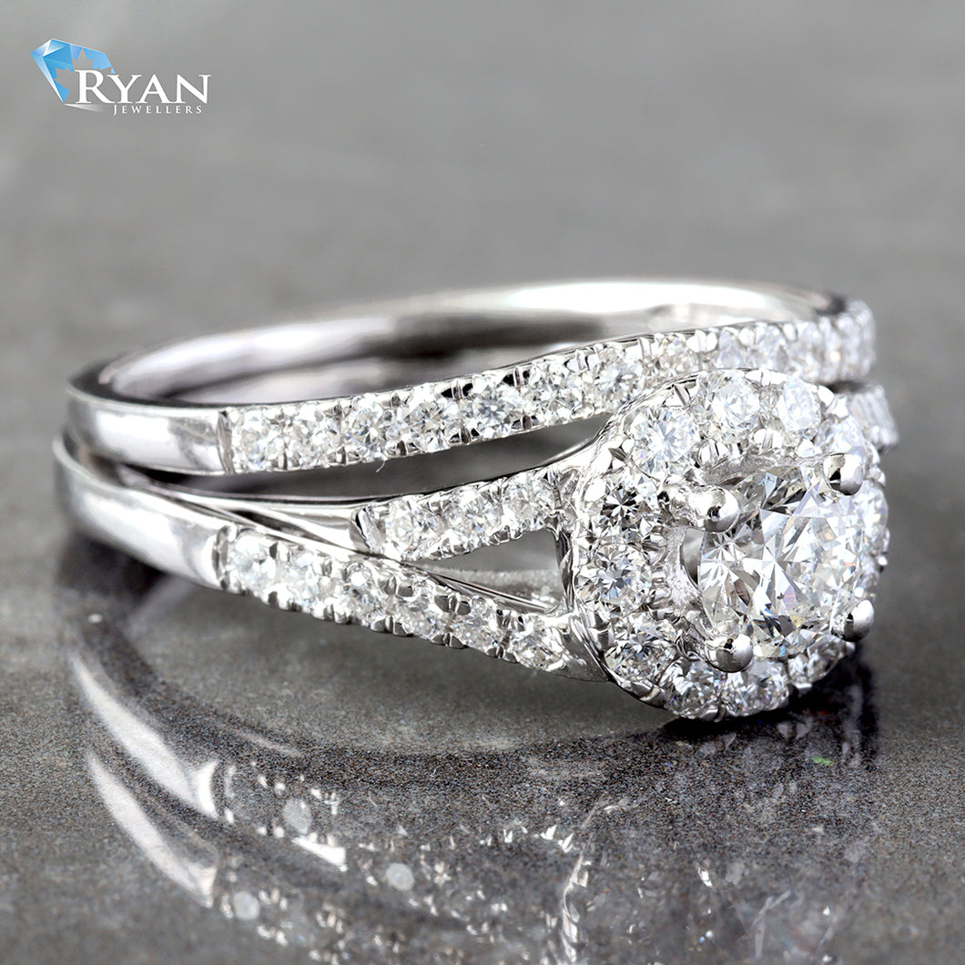 1.00CTW Natural Diamond Pave Halo Cross Over band with Matching Contouring Band