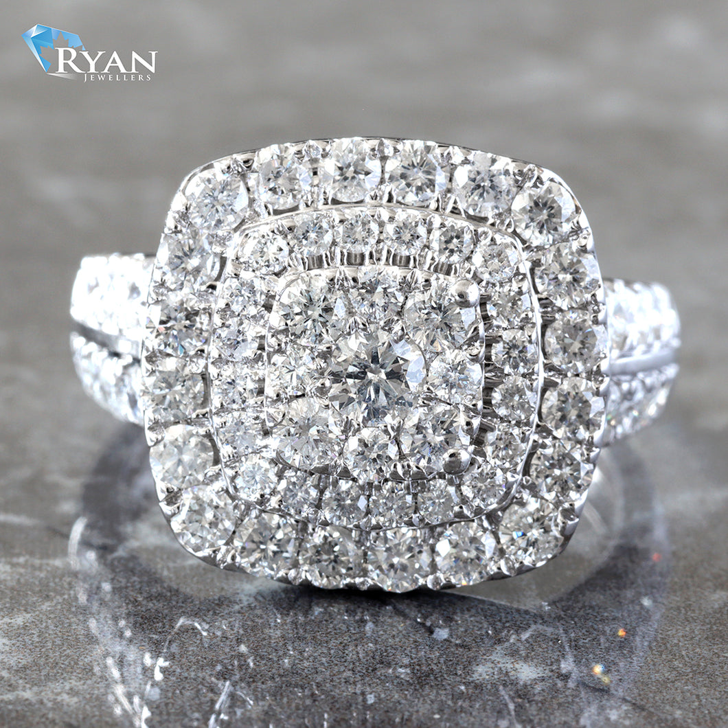 RING GW 10K 2.00CTW IMPERIAL CLUSTER WITH DOUBLE HALO AND 2 ROW PAVE BAND