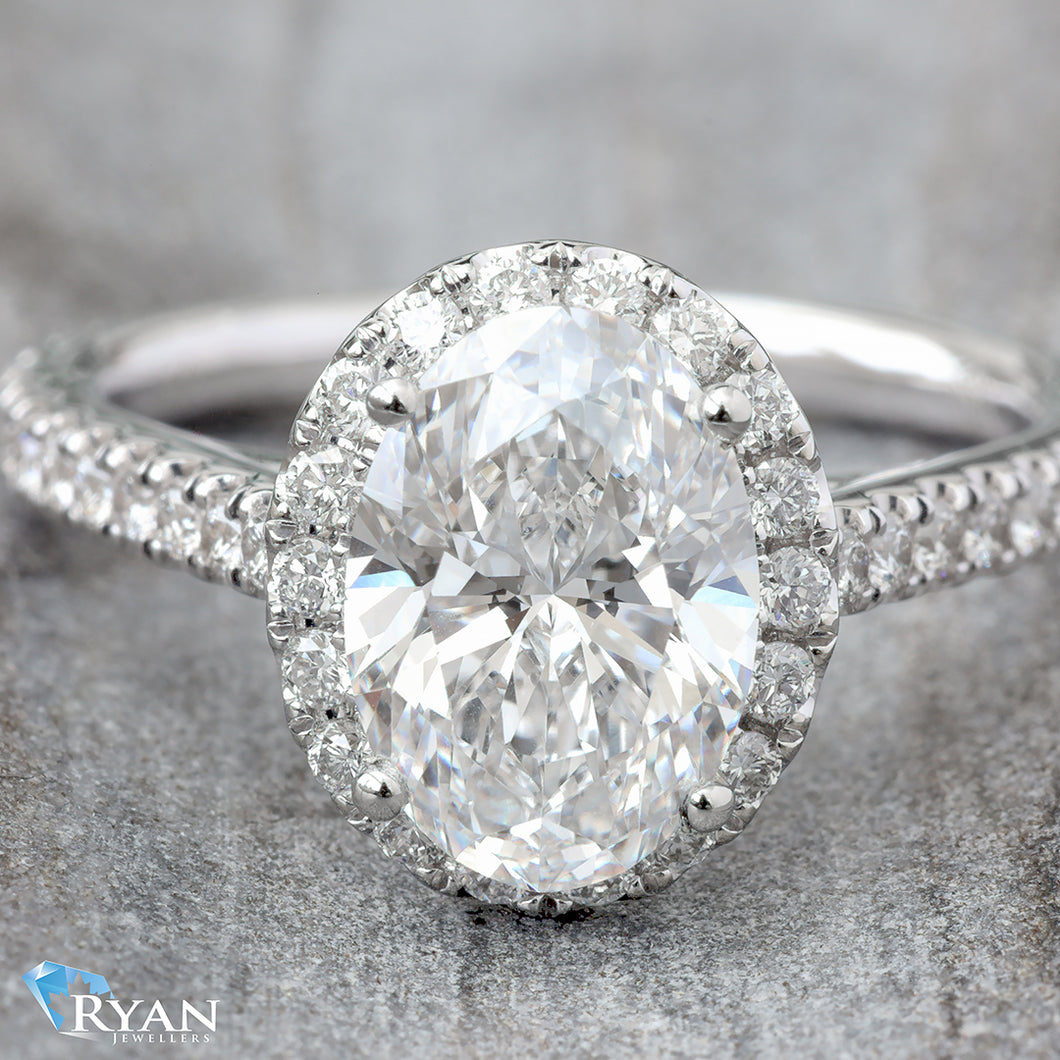 2.11CTW Oval Solitaire with Halo and Pave Diamond Shoulders Ring