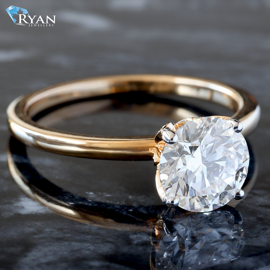 1.59ctw Round Cut Diamond Solitaire with Floral Pave Underside and High Polished Shoulders Ring