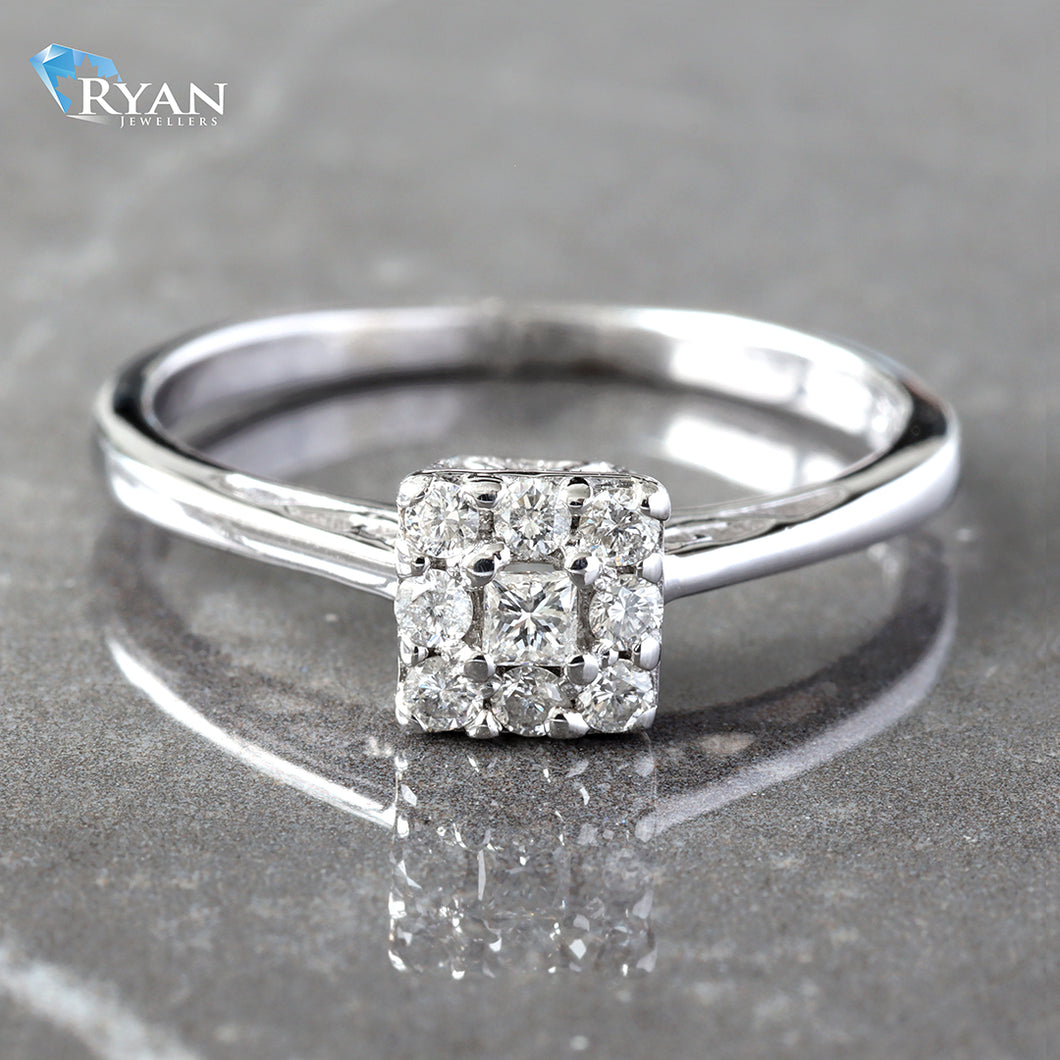 RING 14K GW 0.26CTW PRINCESS CENTER ROUND CUT SQUARE HALO HP SHOULDERS