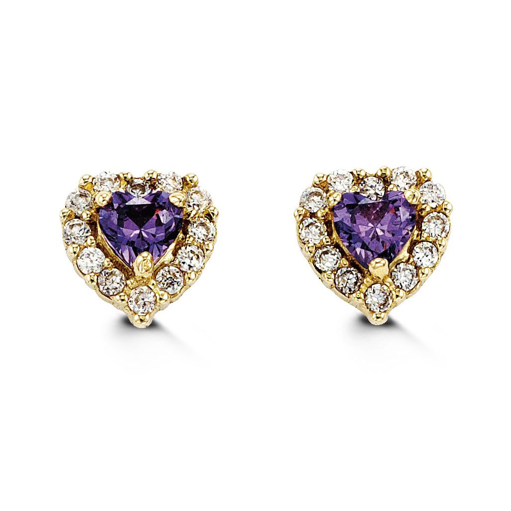 EARRINGS GY 14K PURPLE HEART CZ HALO