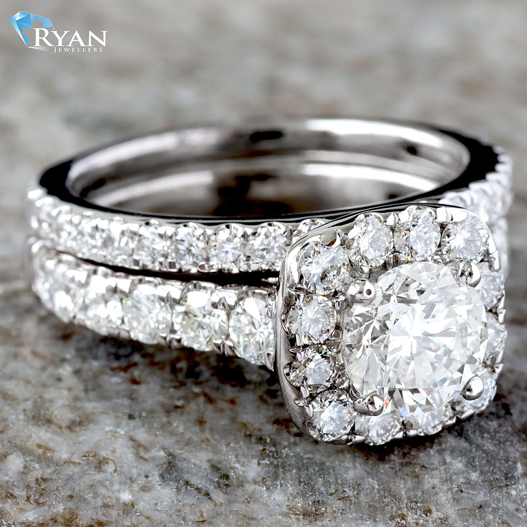 2.51CTW Natural Round Diamond Center with Cushion Halo and Pave Shoulders Bridal Set