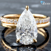 Load image into Gallery viewer, 3.81ctw Pear Solitaire with Hidden Halo Three Prongs And High Polished Shoulders and Pave Diamond Band Bridal Set
