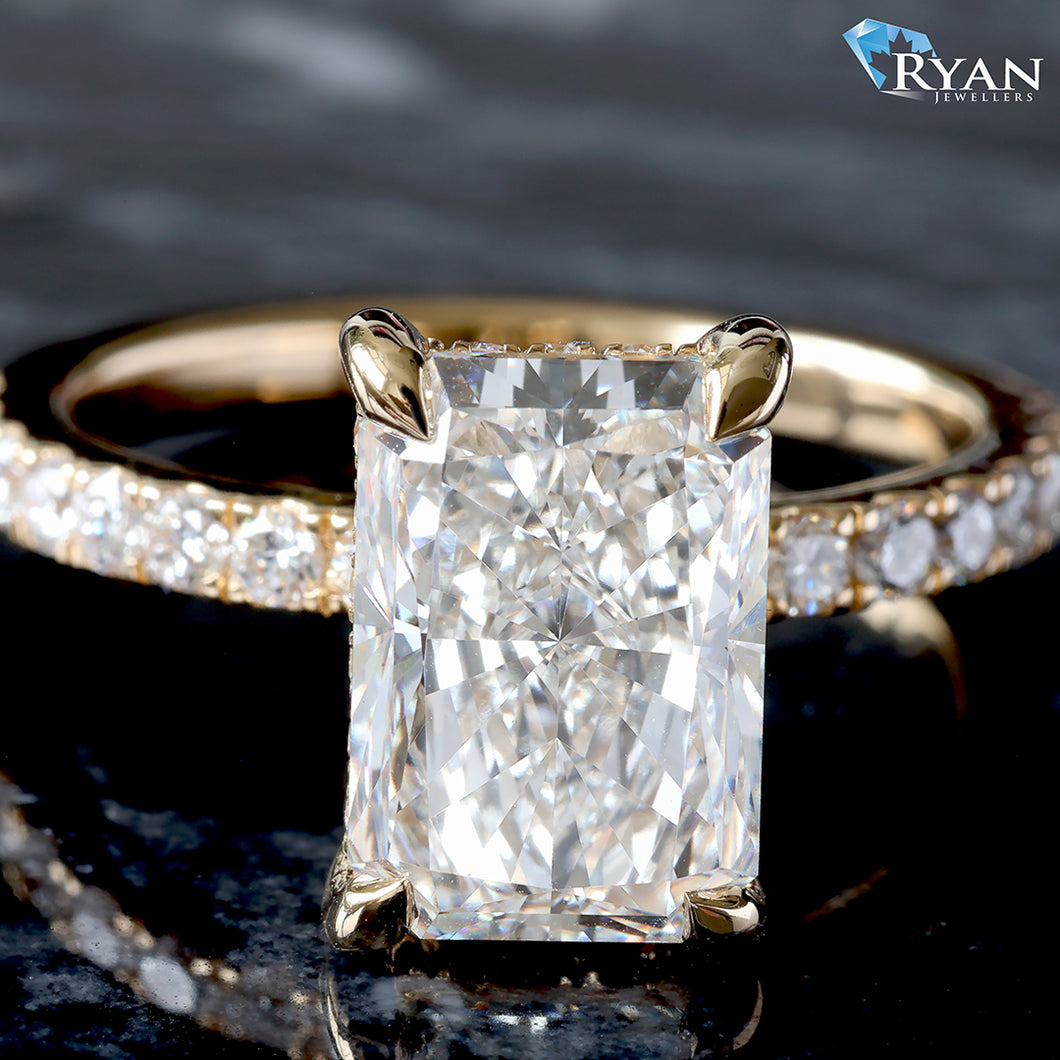 4.06ctw Radiant Solitaire with Hidden Halo and Pave Shoulders Ring