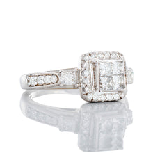 Load image into Gallery viewer, 0.95ctw Princess Quad Center with Halo and Princess Cut Diamond Each Side Ring
