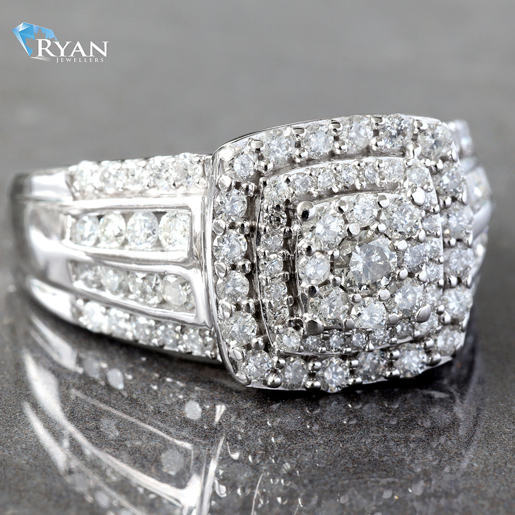 RING GW 10K 1.00CTW IMPERIAL CUSHION CLUSTER WITH DOUBLE HALO FOUR ROW CHANNEL AND PRONG SET SHOULDERS