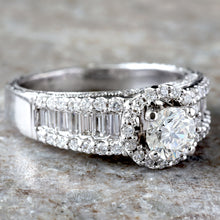 Load image into Gallery viewer, 1.70CTW Natural Round Diamond With Halo and Baguette &amp; Round Shoulders w/ Diamond Set Sides
