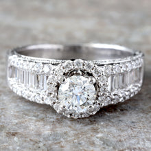 Load image into Gallery viewer, 1.70CTW Natural Round Diamond With Halo and Baguette &amp; Round Shoulders w/ Diamond Set Sides
