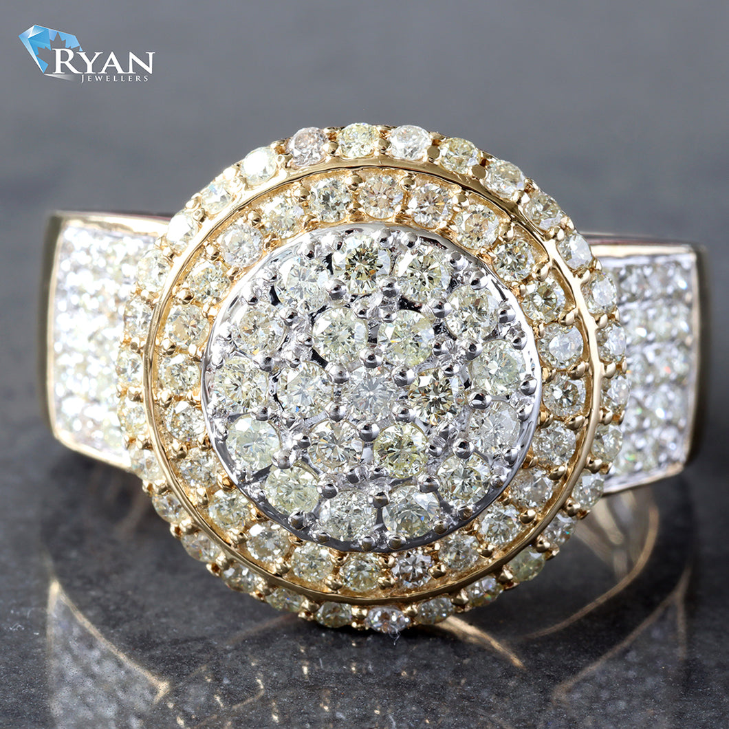 RING GY 10K 1.50CTW ROUND CLUSTER THREE TIERED LOW PROFILE LOLLIPOP RING FOUR ROW PAVE SHOULDERS
