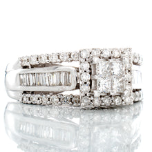 Load image into Gallery viewer, RING GW 10K 1.00CTW PRINCESS CUT QUAD HEAD CENTER SQUARE HALO BAGUETTE CHANNEL SHOULDERS PAVE SINGLE ROW TOP BOTTOM
