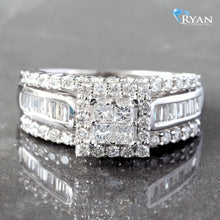 Load image into Gallery viewer, RING GW 10K 1.00CTW PRINCESS CUT QUAD HEAD CENTER SQUARE HALO BAGUETTE CHANNEL SHOULDERS PAVE SINGLE ROW TOP BOTTOM
