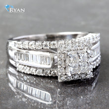Load image into Gallery viewer, RING GW 10K 1.00CTW PRINCESS CUT QUAD HEAD CENTER SQUARE HALO BAGUETTE CHANNEL SHOULDERS PAVE SINGLE ROW TOP BOTTOM
