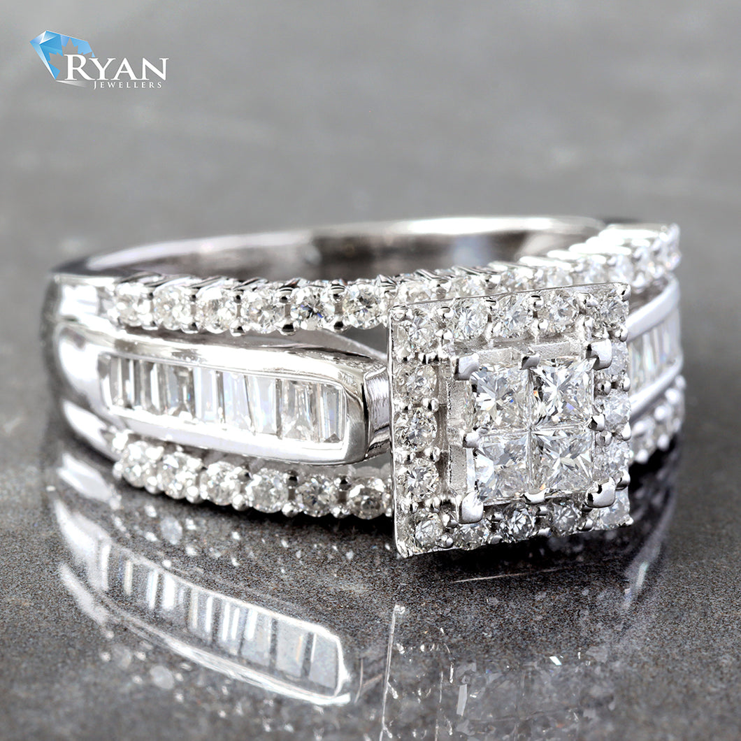 RING GW 10K 1.00CTW PRINCESS CUT QUAD HEAD CENTER SQUARE HALO BAGUETTE CHANNEL SHOULDERS PAVE SINGLE ROW TOP BOTTOM