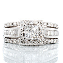 Load image into Gallery viewer, RING GW 10K 1.00CTW PRINCESS CUT QUAD HEAD CENTER SQUARE HALO BAGUETTE CHANNEL SHOULDERS PAVE SINGLE ROW TOP BOTTOM
