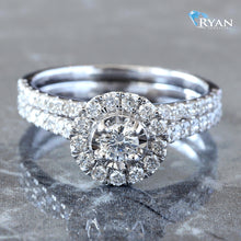 Load image into Gallery viewer, RING GW 14K 1.00CTW DIAMOND ILLUSION SET CENTER ROUND HALO SINGLE ROW SHOULDERS BRIDAL SET
