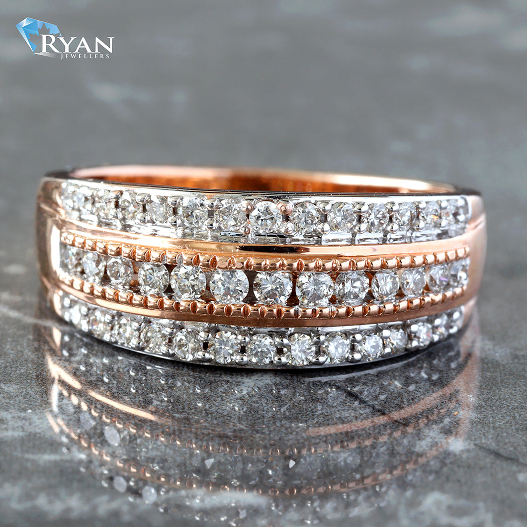 RING GR 14K 0.50CTW THREE ROW SHARED PRONG DIAMOND BAND WITH MILLEDGE