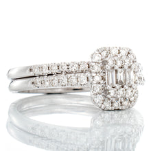 Load image into Gallery viewer, RING GW 14K 0.50CTW DIAMOND BAGUETTE AND ROUND EMERALD SHAPE HALO PAVE SHOULDERS BRIDAL SET

