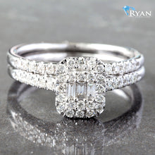 Load image into Gallery viewer, RING GW 14K 0.50CTW DIAMOND BAGUETTE AND ROUND EMERALD SHAPE HALO PAVE SHOULDERS BRIDAL SET
