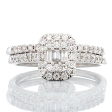 Load image into Gallery viewer, RING GW 14K 0.50CTW DIAMOND BAGUETTE AND ROUND EMERALD SHAPE HALO PAVE SHOULDERS BRIDAL SET
