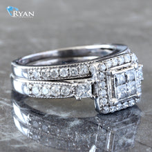 Load image into Gallery viewer, RING GW 10K 1.10CTW INVISIBLE PRINCESS QUAD CENTER WITH SQUARE HALO SIDE STONE ACCENT WITH MILLEDGE DIAMOND SHOULDERS AND BAND
