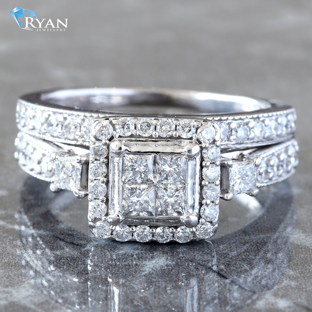 RING GW 10K 1.10CTW INVISIBLE PRINCESS QUAD CENTER WITH SQUARE HALO SIDE STONE ACCENT WITH MILLEDGE DIAMOND SHOULDERS AND BAND