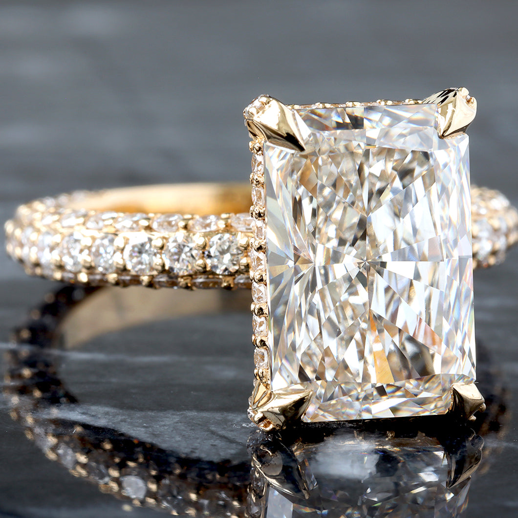 6.62ctw Radiant Solitaire Three Sided Pave Shoulders with Full Diamond Basket Ring