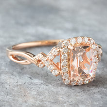 Load image into Gallery viewer, Elongated Cushion Morganite with Diamond Halo and X Pave Shoulders Ring

