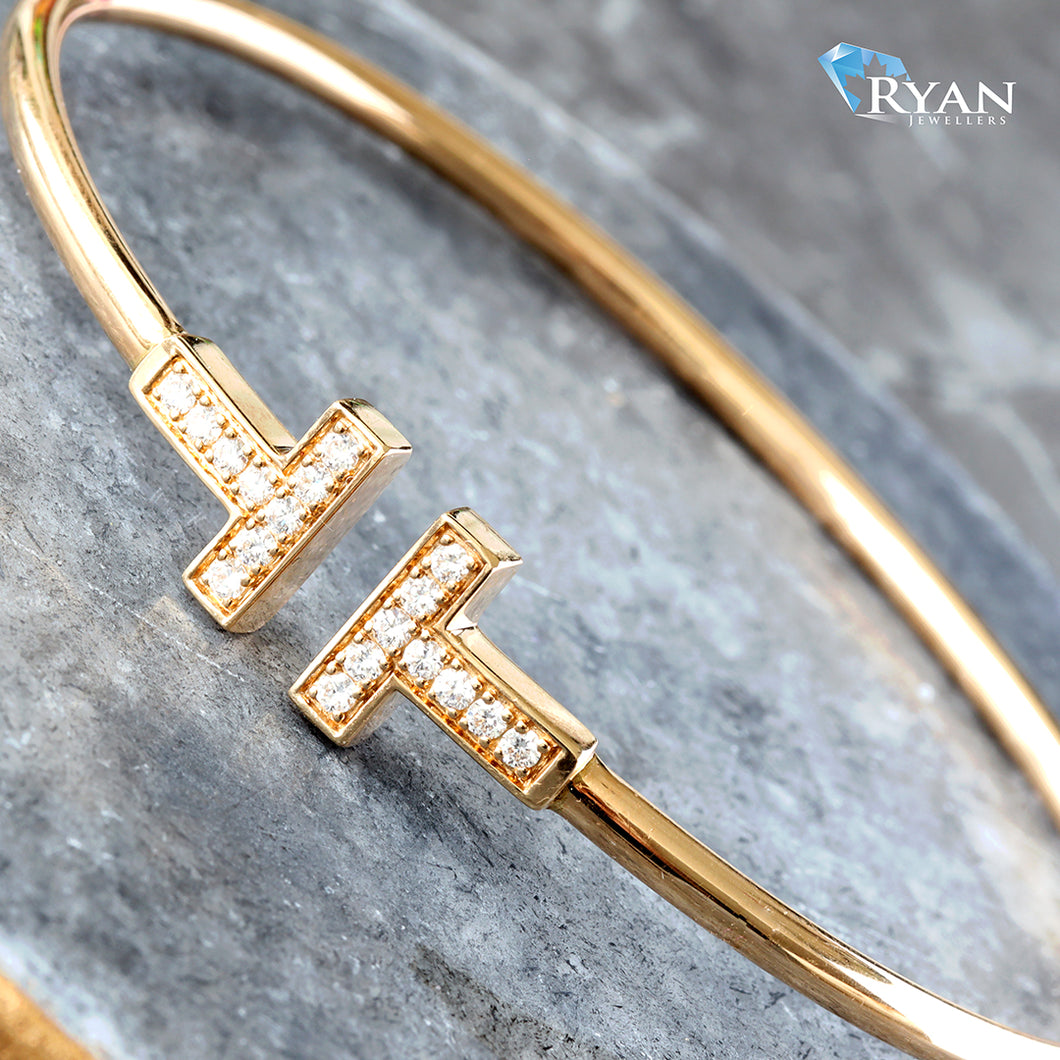 0.27CTW Double T Open Hinge Yellow Gold Diamond Bangle