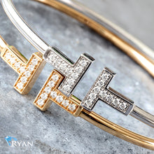Load image into Gallery viewer, 0.27CTW Double T Open Hinge White Gold Diamond Bangle
