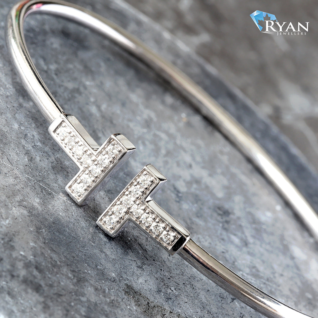 0.27CTW Double T Open Hinge White Gold Diamond Bangle