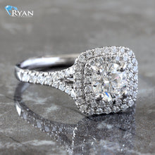 Load image into Gallery viewer, RING GW 18K 1.18CTW SOLITAIRE W/DOUBLE CUSHION HALO SPLIT SHANK PAVE
