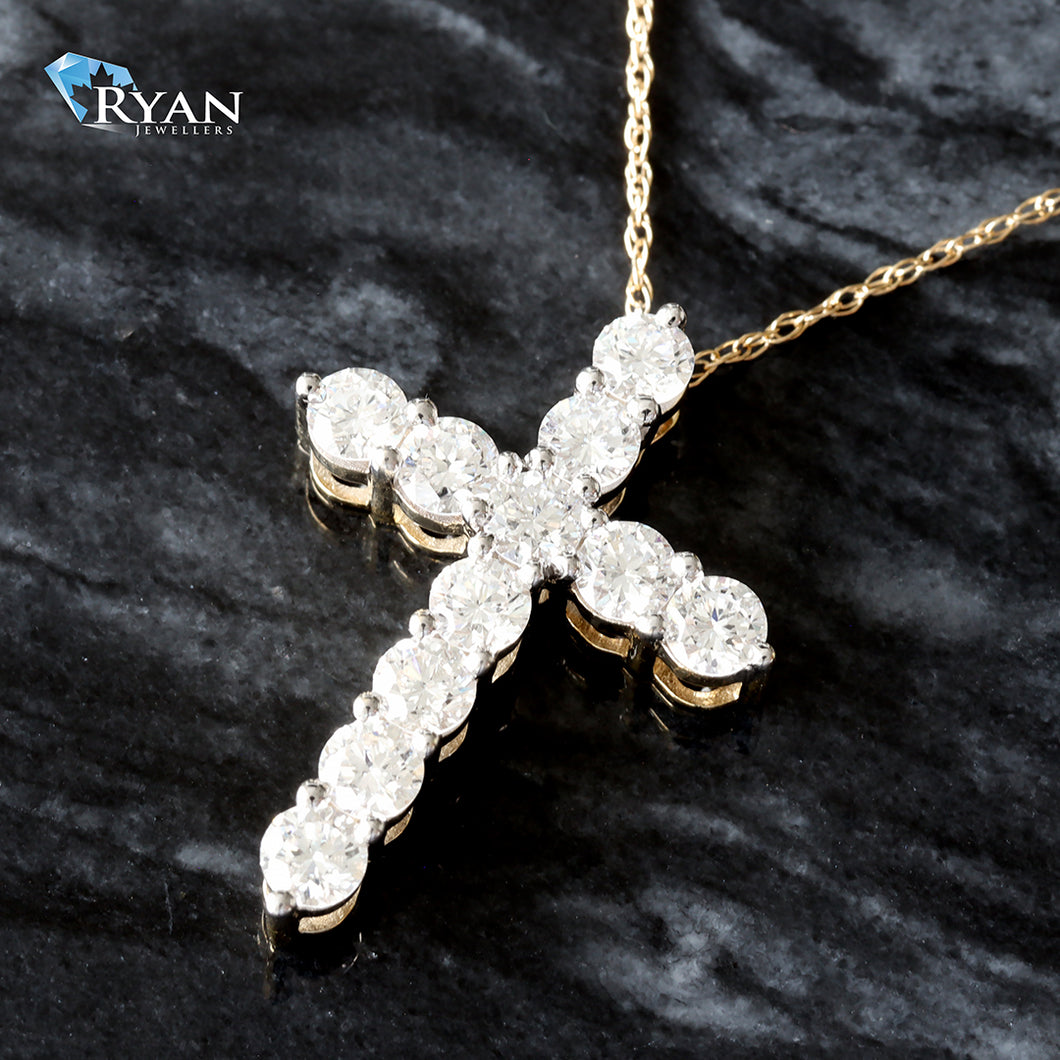 LAB PENDANT GY 10K 1.00CTW SHARED PRONG SET LAB CREATED DIAMOND CROSS WITH SLIDER BAIL