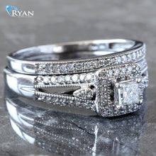 Load image into Gallery viewer, 0.75ctw Bridal Set Princess Cut with Halo Spilt Shoulders and Beaded Edges
