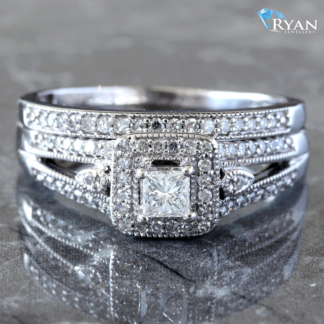 0.75ctw Bridal Set Princess Cut with Halo Spilt Shoulders and Beaded Edges