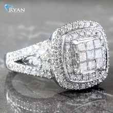 Load image into Gallery viewer, RING GW 14KT 2.00CTW PRINCESS INVISABLE SET CENTER TWO TIERED CUSHION HALO WITH SPLIT DIAMOND SHOULDERS
