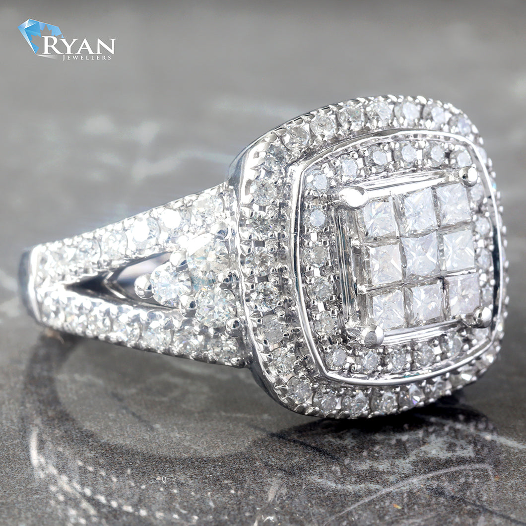 RING GW 14KT 2.00CTW PRINCESS INVISABLE SET CENTER TWO TIERED CUSHION HALO WITH SPLIT DIAMOND SHOULDERS