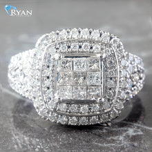 Load image into Gallery viewer, RING GW 14KT 2.00CTW PRINCESS INVISABLE SET CENTER TWO TIERED CUSHION HALO WITH SPLIT DIAMOND SHOULDERS
