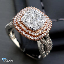 Load image into Gallery viewer, RING GR 10K 1.00CTW IMPERIAL SQUARE CENTER WITH CUSHION SHAPE HALO CRISS CROSS SHOULDER BRIDAL SET
