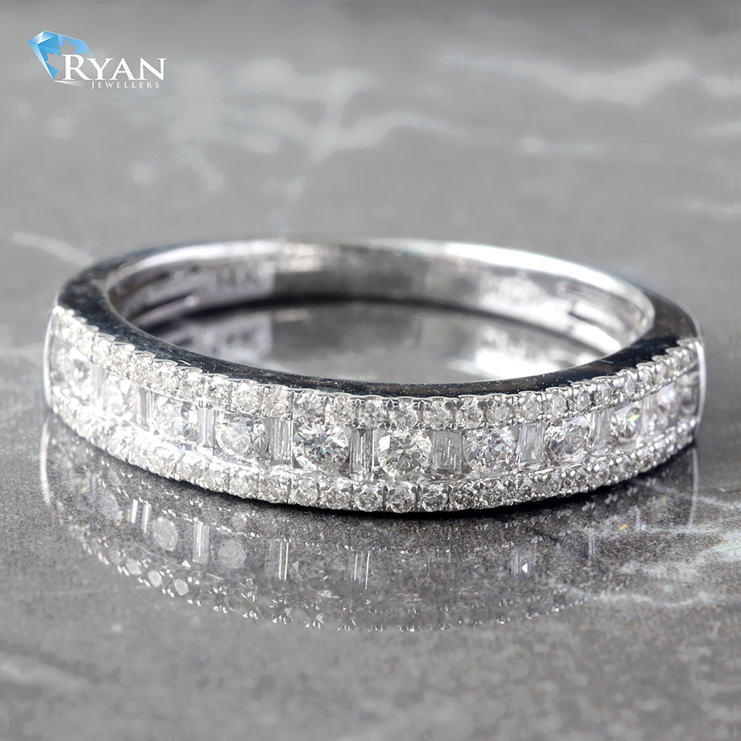 RING GW 14K 0.50CTW THREE ROW BAND WITH ALTERNATING ROUND AND BAGUETTE CENTER