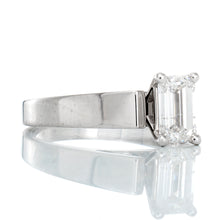 Load image into Gallery viewer, RING GW 14KT 0.65CT EMERALD CUT SOLITAIRE HP UPSWEPT FLAT EDGE SHOULDERS
